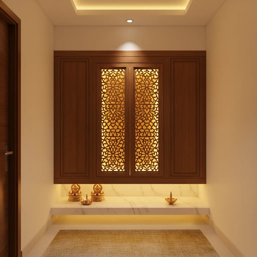Backlit CNC pooja door panel creating glowing pattern from temple lighting