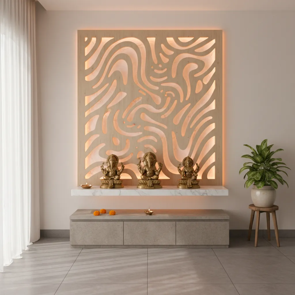 backlit CNC pooja wall panel with mandir shelf