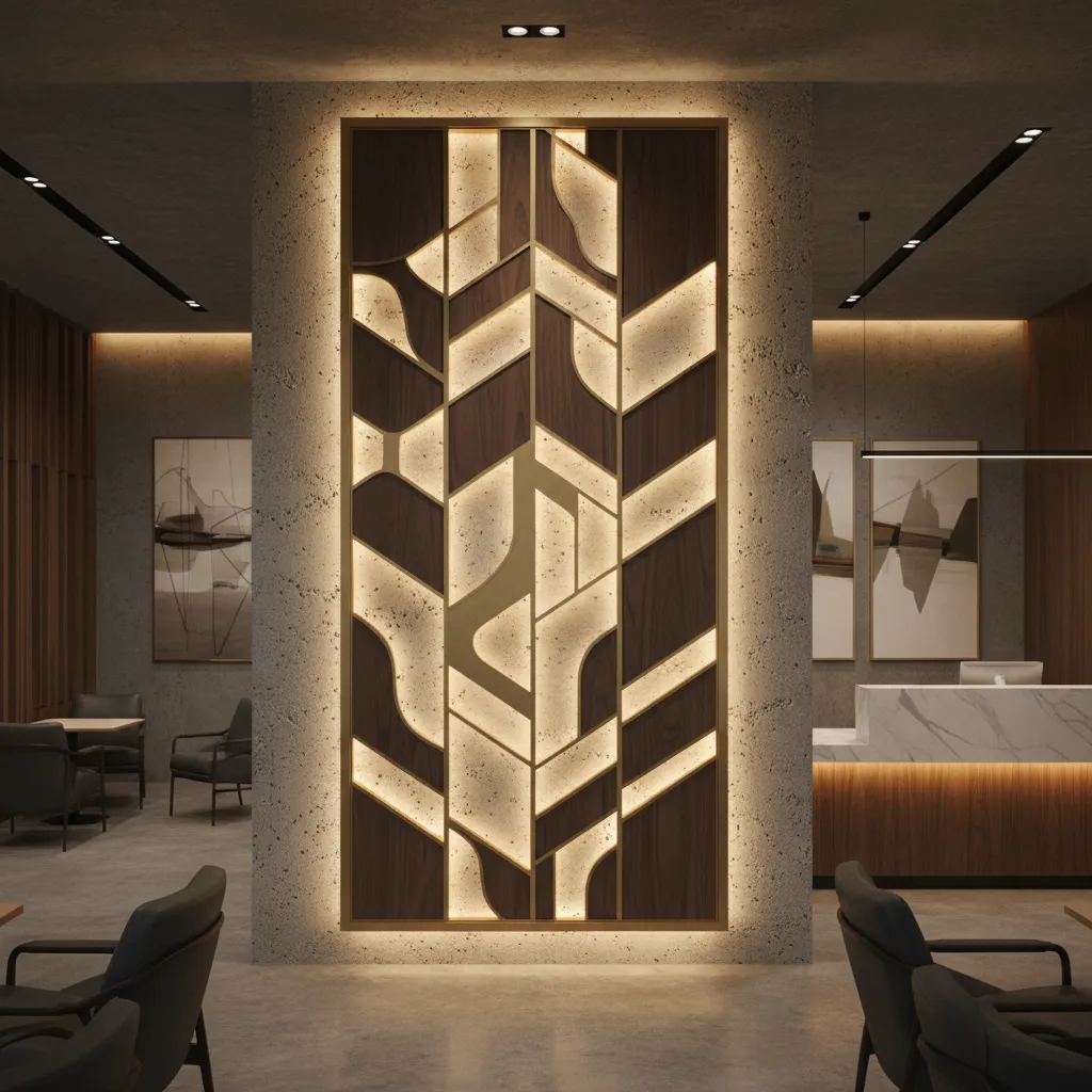 Backlit decorative cutout wall panel creating shadow patterns