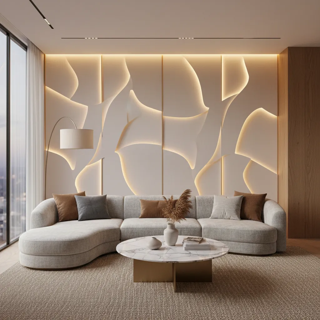Backlit decorative wall cut out panel in a modern living room