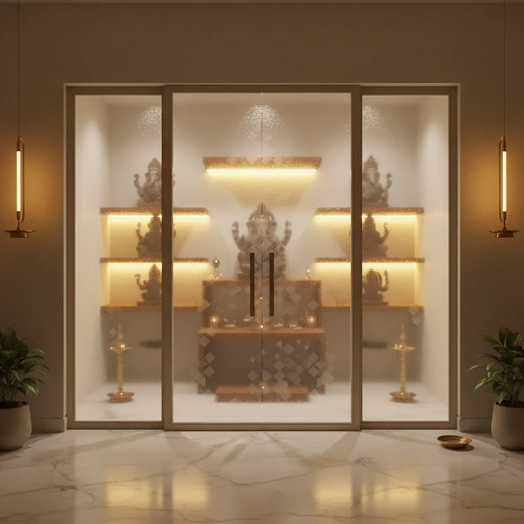 backlit frosted glass pooja room creating glowing temple effect