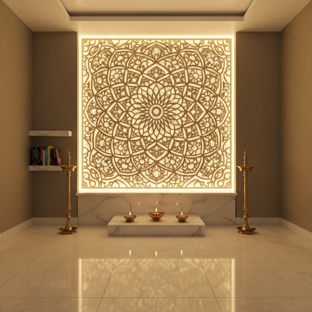 mandala jali panel with warm backlighting in pooja room