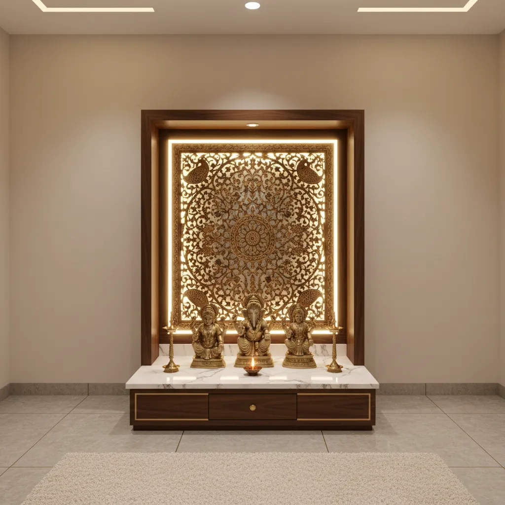 backlit mandir panel with carved jaali design for small pooja space