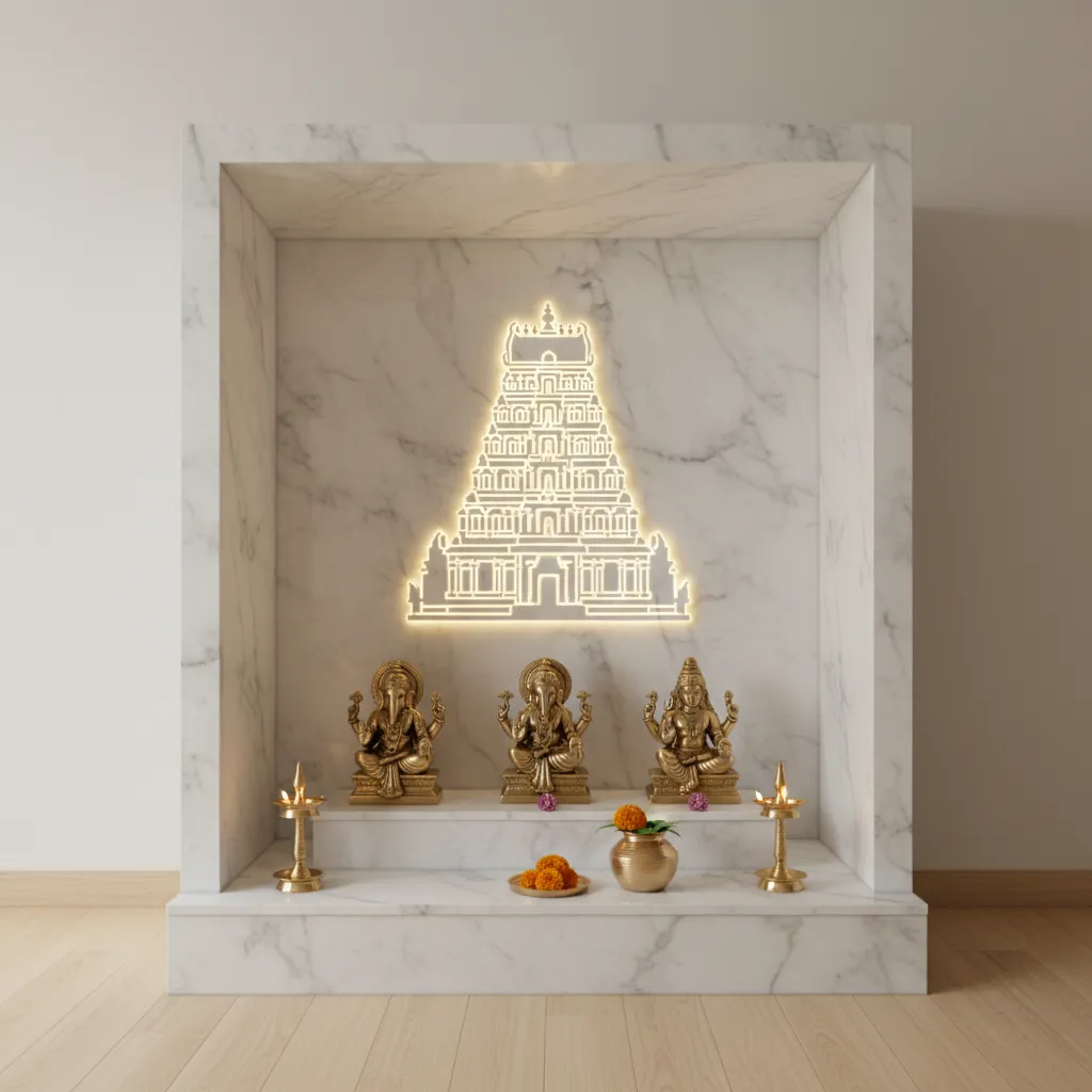 backlit marble pooja gopuram panel in modern home temple