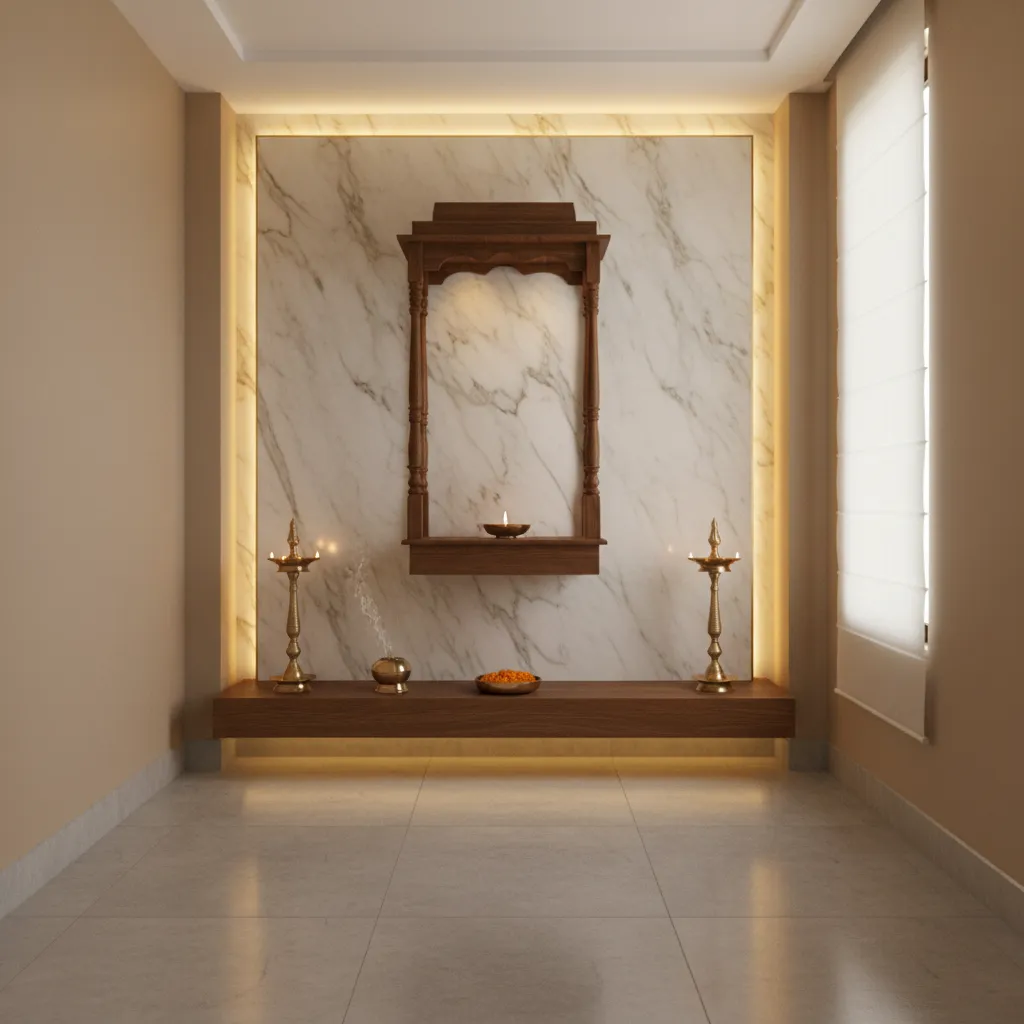 Backlit marble panel pooja room design with warm lighting