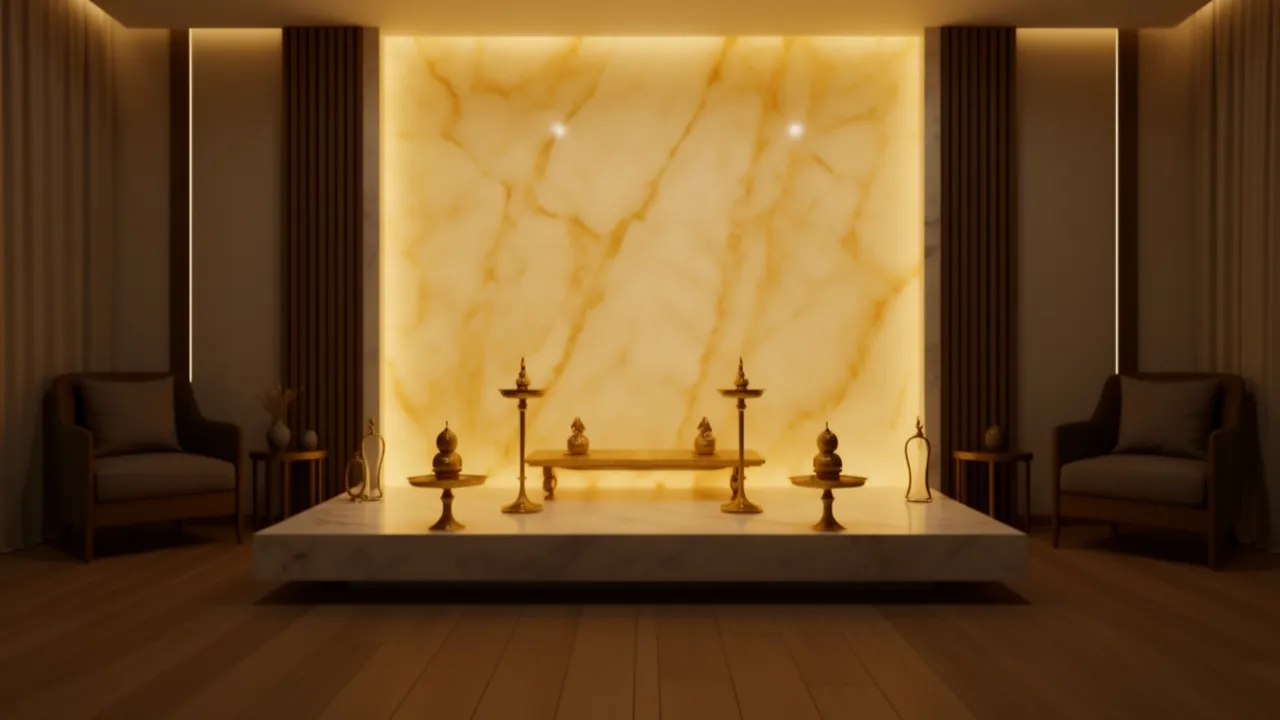 Backlit marble panel creating a glowing pooja room backdrop