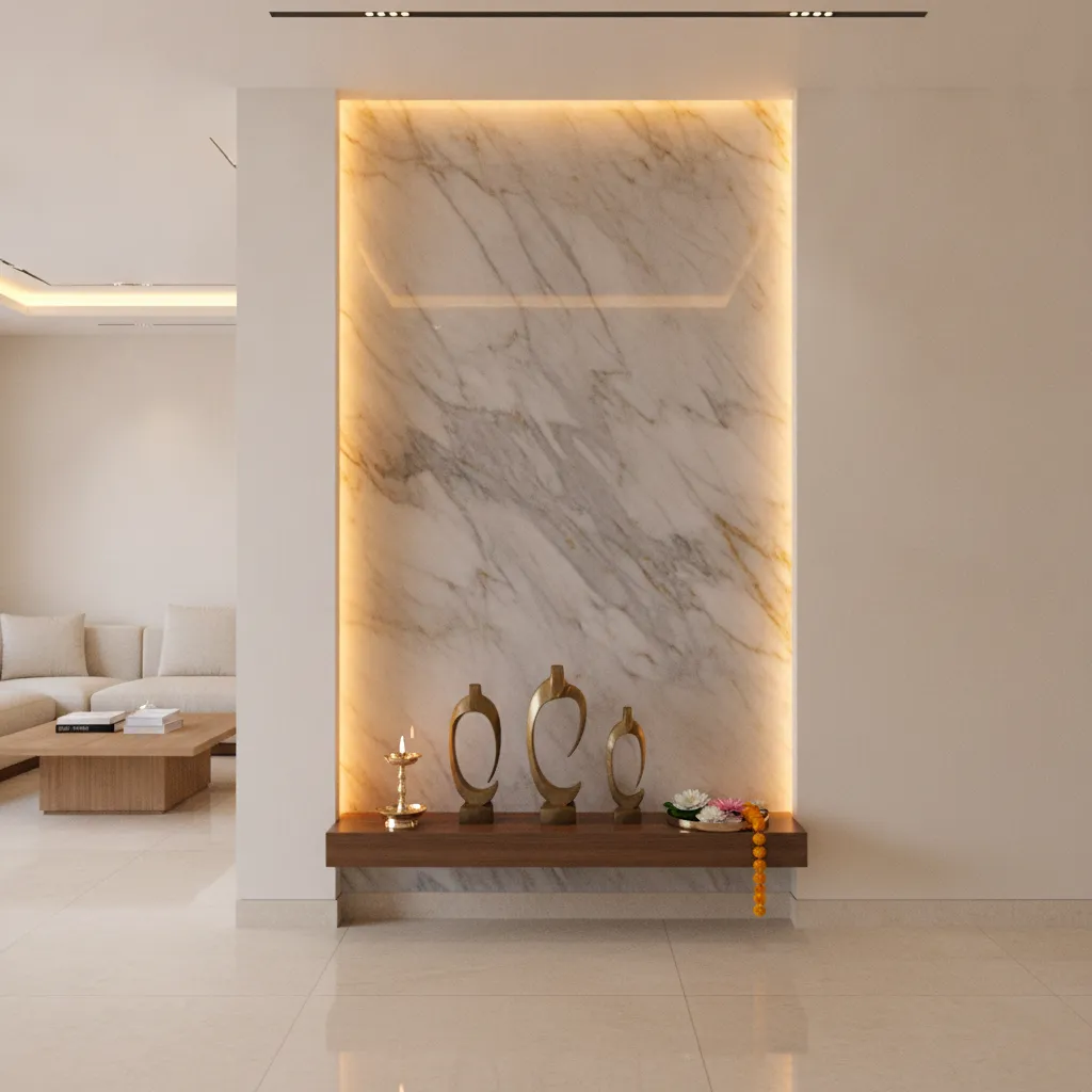 Backlit marble wall panel mandir design in modern apartment