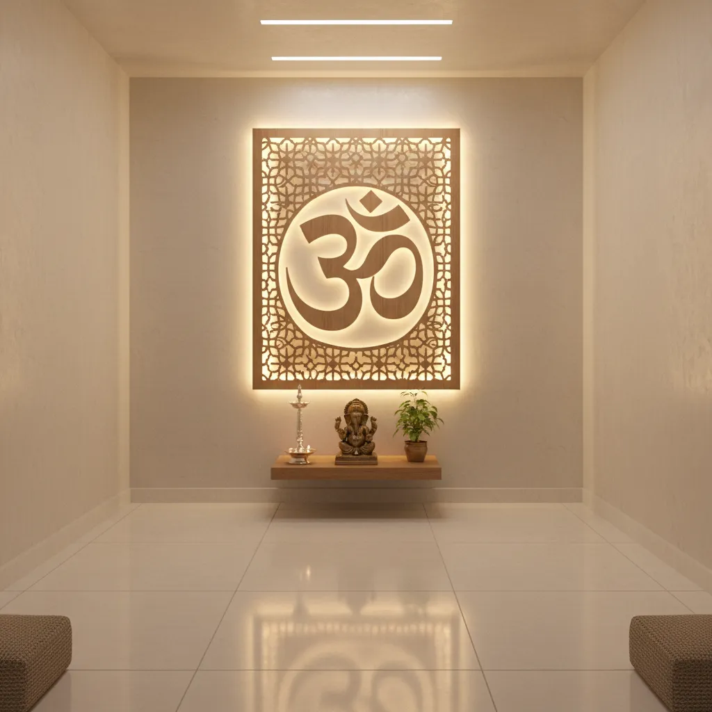 Backlit Om jali wall panel behind a modern pooja mandir