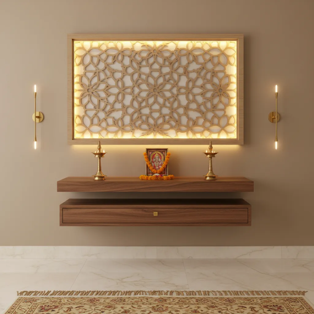 backlit pooja unit with decorative panel and floating shelf