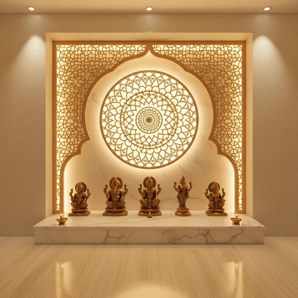 pooja unit with decorative backlit panel behind idol