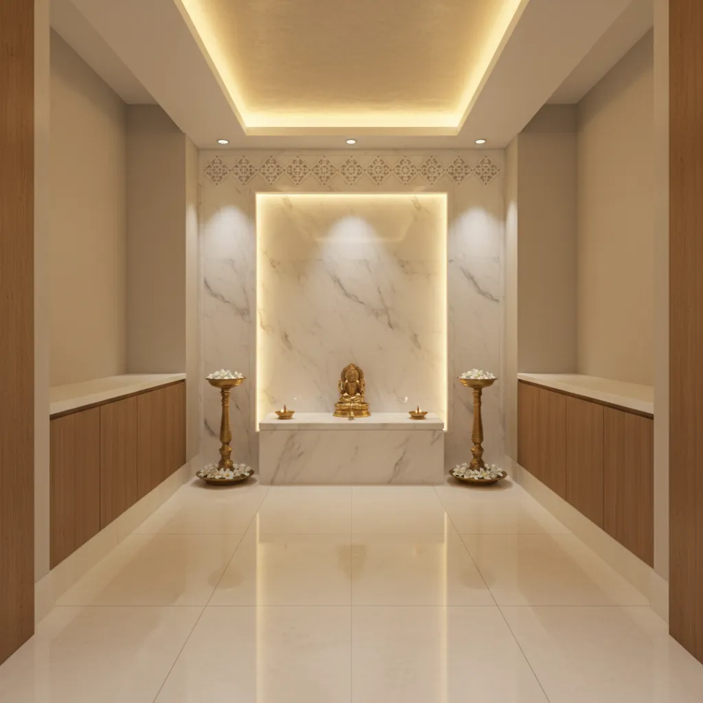 puja room with glowing backlit ceiling panel above altar