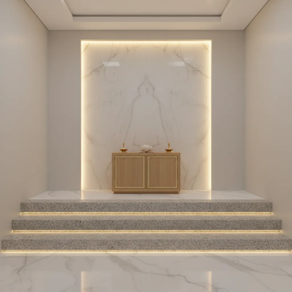 stone pooja altar with steps and soft backlit wall panel