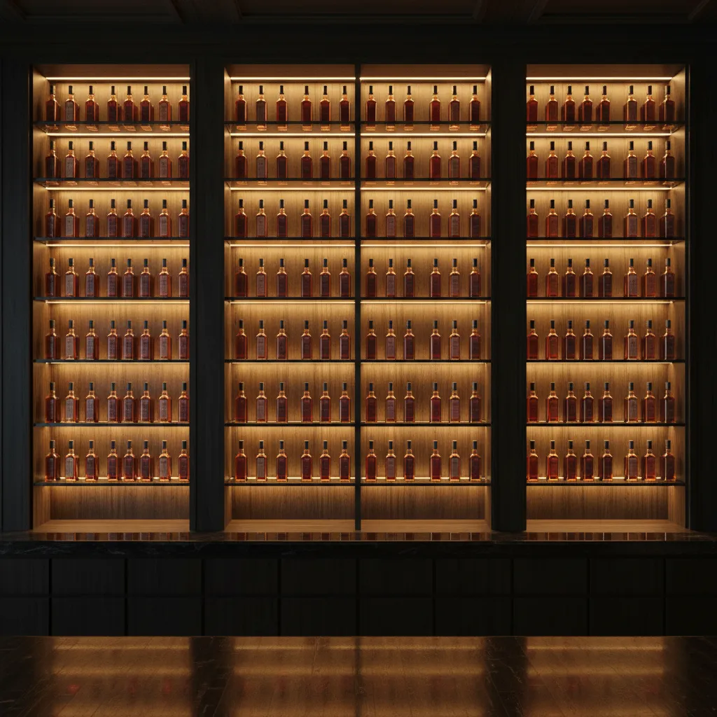Backlit liquor shelves displaying whiskey bottles with warm glow