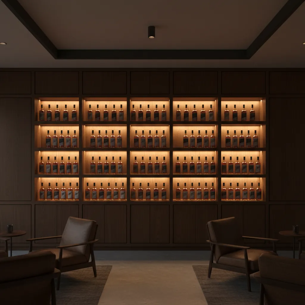 Backlit bourbon bottle shelves with warm LED glow eliminating shadows