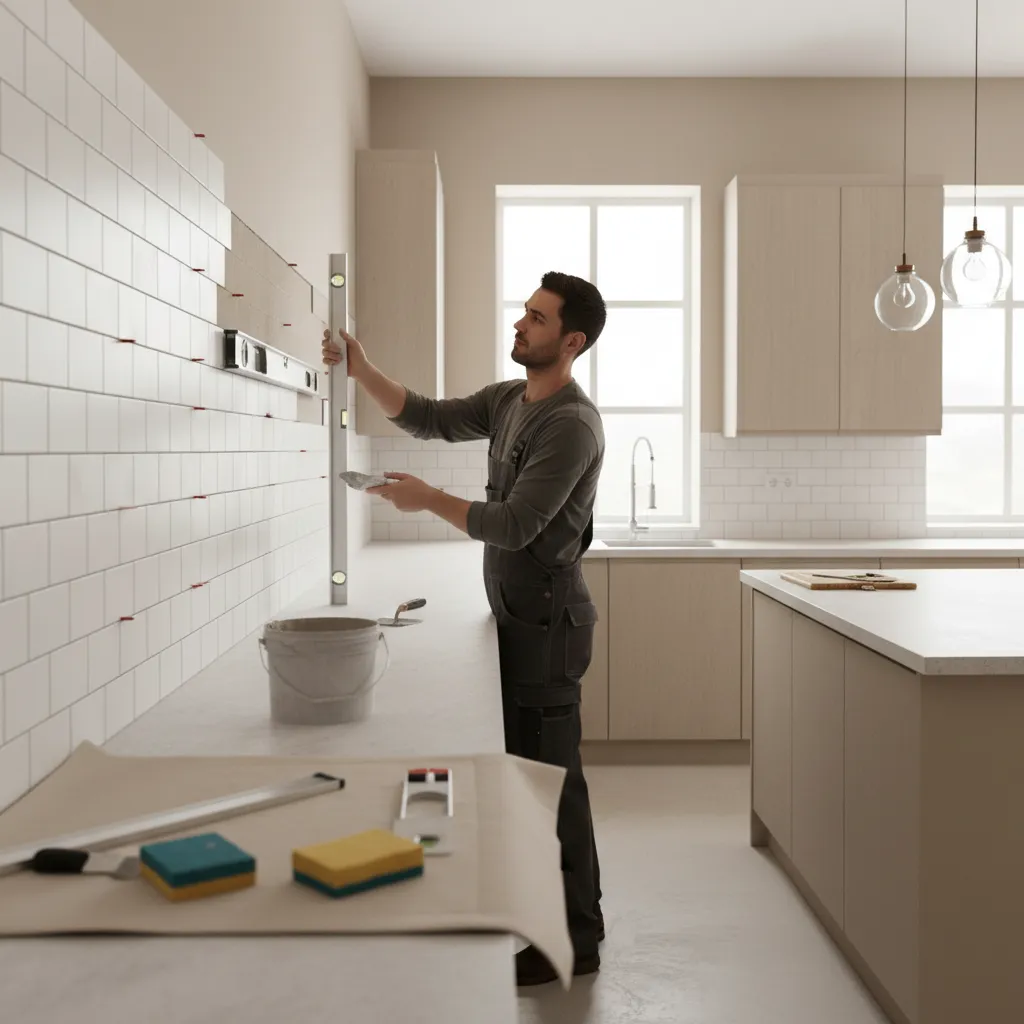 DIY installer placing backsplash tiles using level and spacers