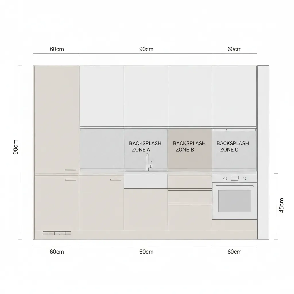 kitchen wall diagram showing backsplash measurement areas between cabinets