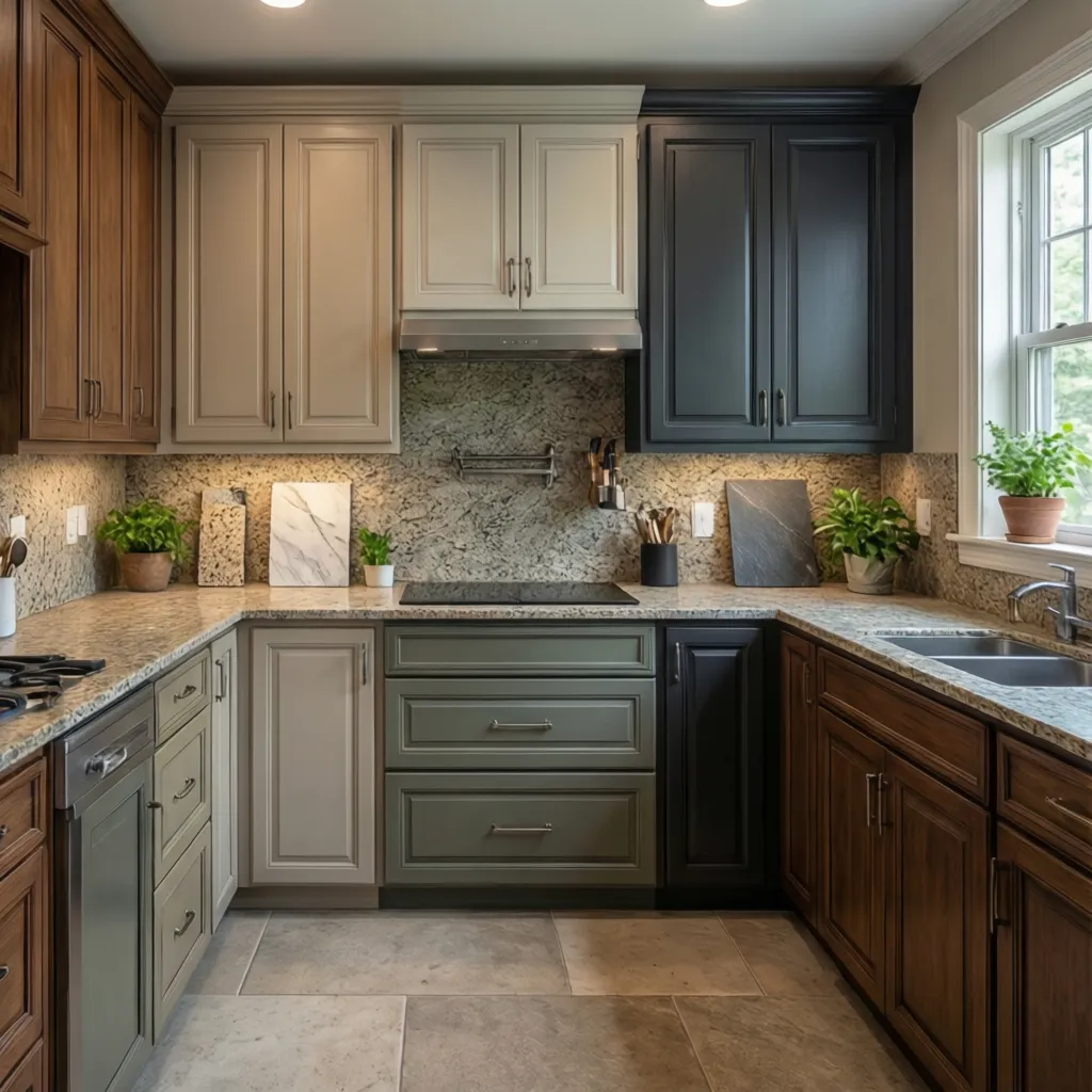 comparison of backsplash stone styles with different cabinet colors