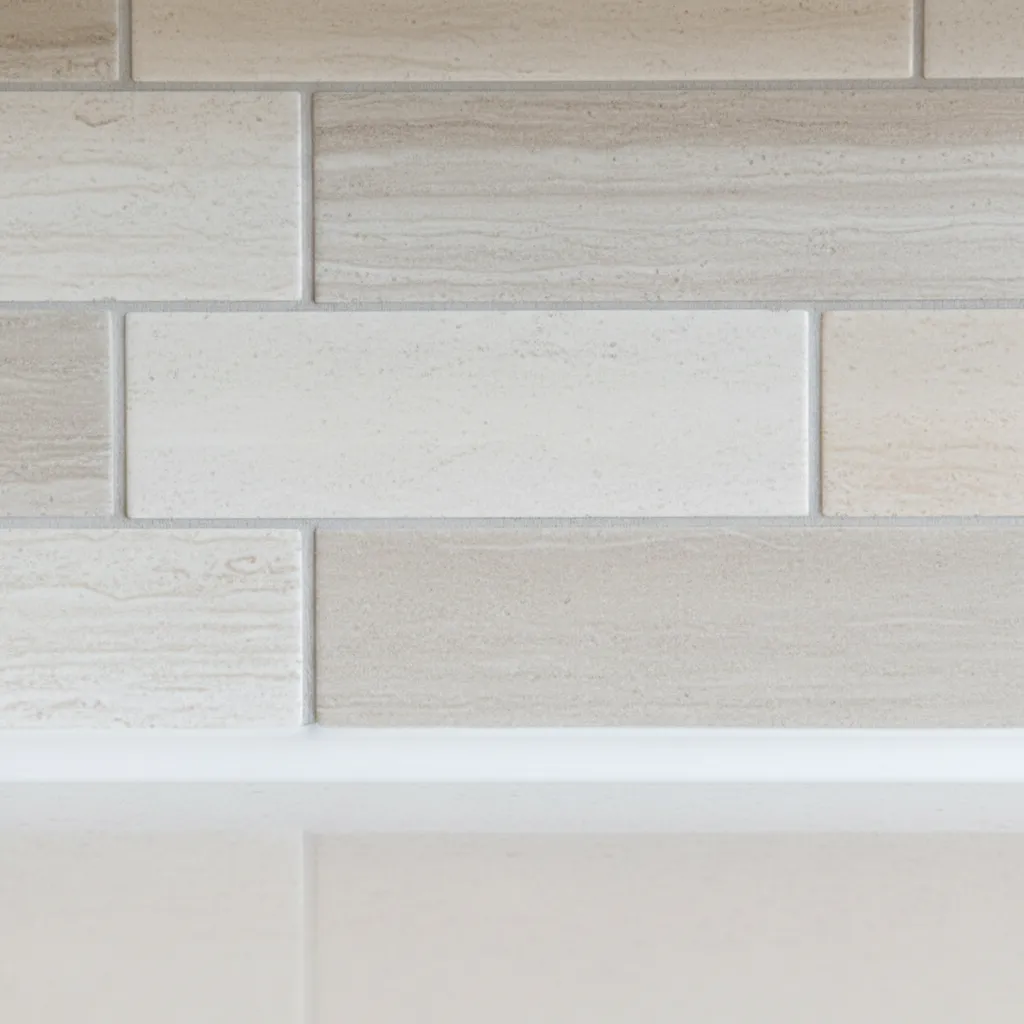 Close-up of backsplash grout and silicone sealing along kitchen countertop