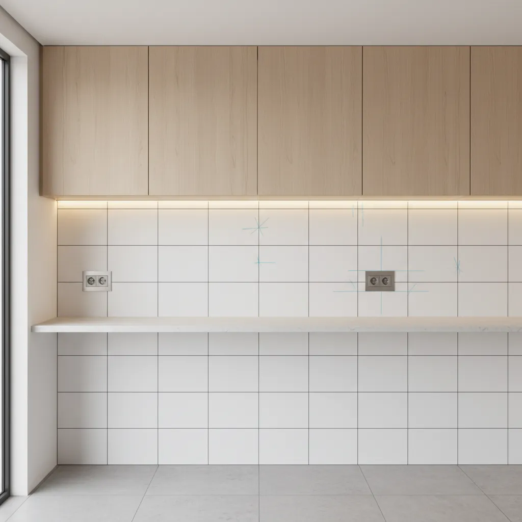 kitchen backsplash tile layout showing outlet and cabinet spacing planning