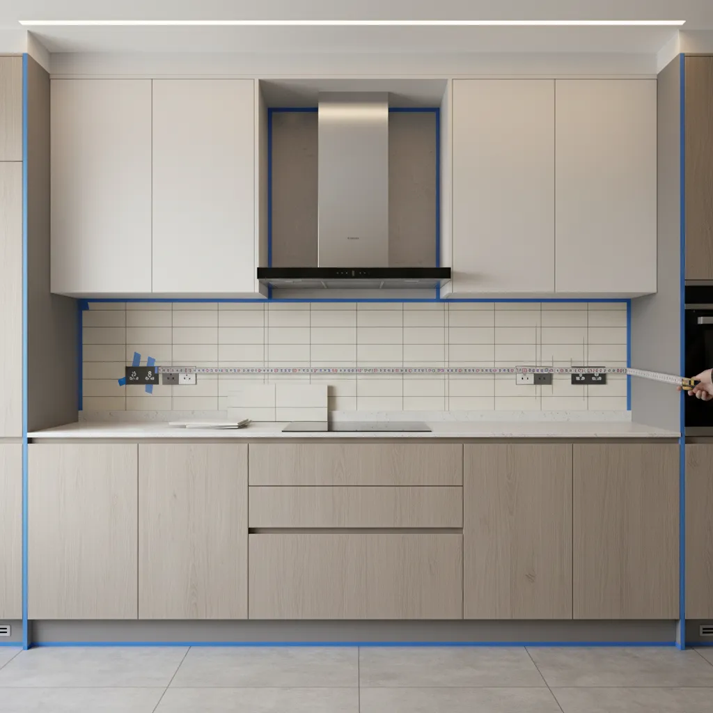 Kitchen backsplash layout planning with outlets and cabinet alignment