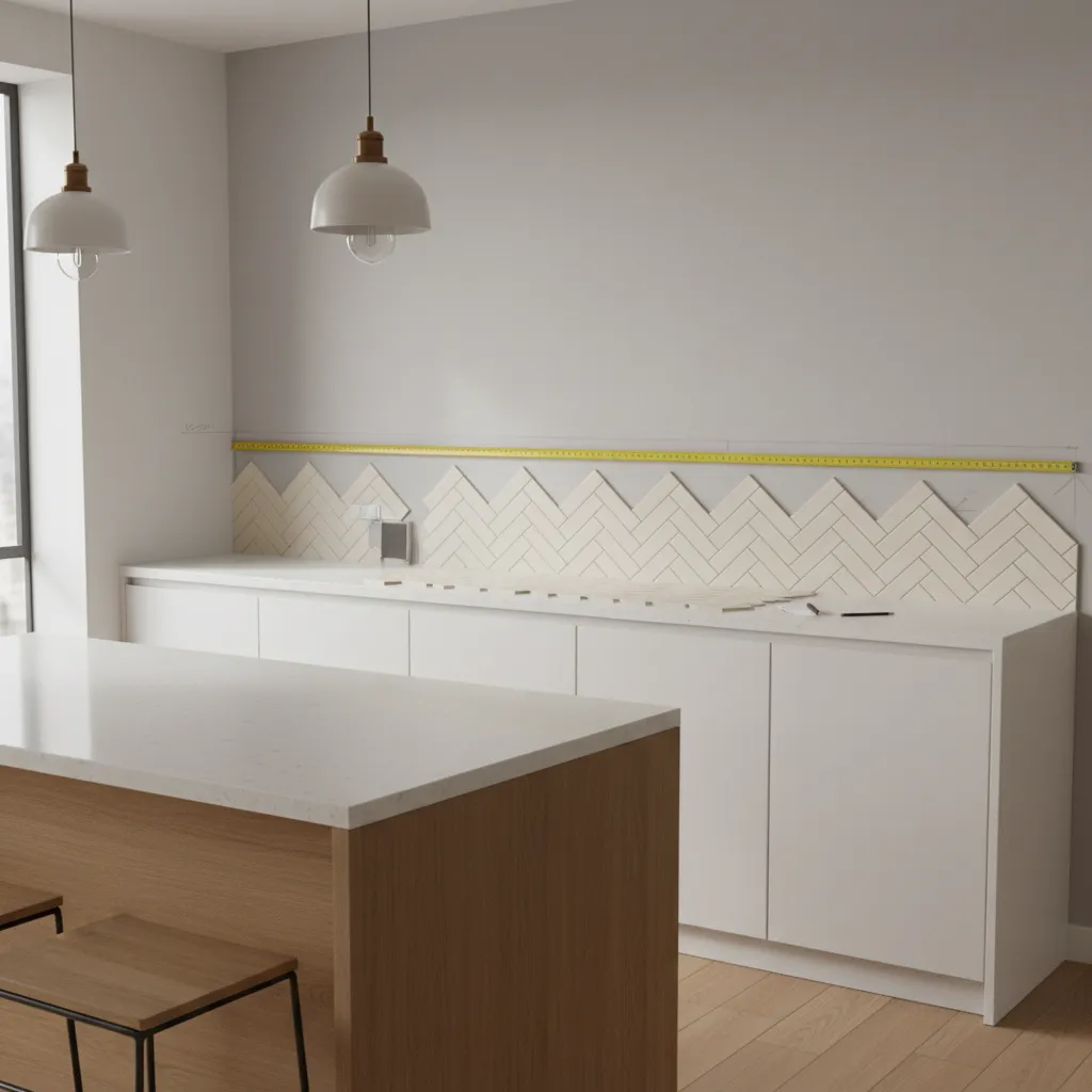 Dry layout planning for kitchen backsplash tiles along countertop