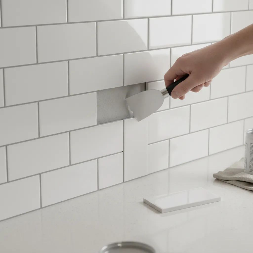 removing a damaged backsplash tile section using putty knife