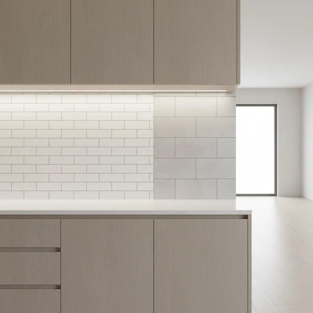 comparison of different backsplash tile sizes installed in kitchen wall