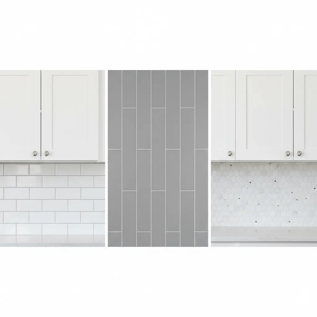 comparison of backsplash tile styles with white cabinets