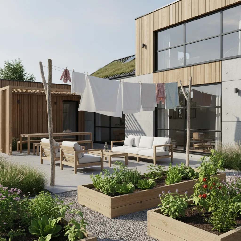 Sustainable backyard with outdoor clothesline and garden setting