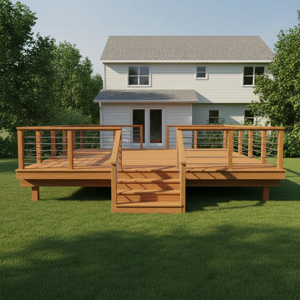Raised backyard deck with simple wooden stairs leading to the yard