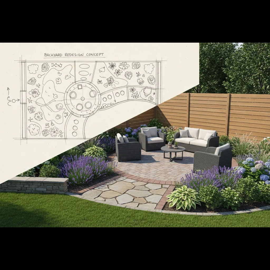 Comparison of simple backyard sketch plan and finished landscaped yard