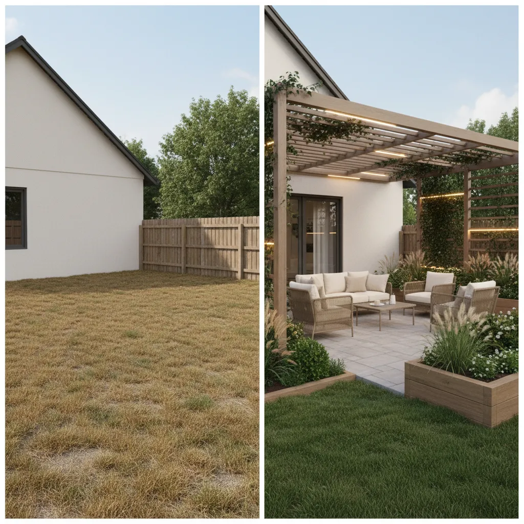 comparison showing empty backyard versus digitally designed outdoor living space