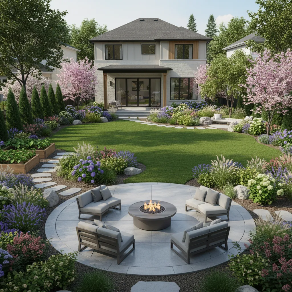 3D backyard landscape design visualization showing patio lawn trees and pathways
