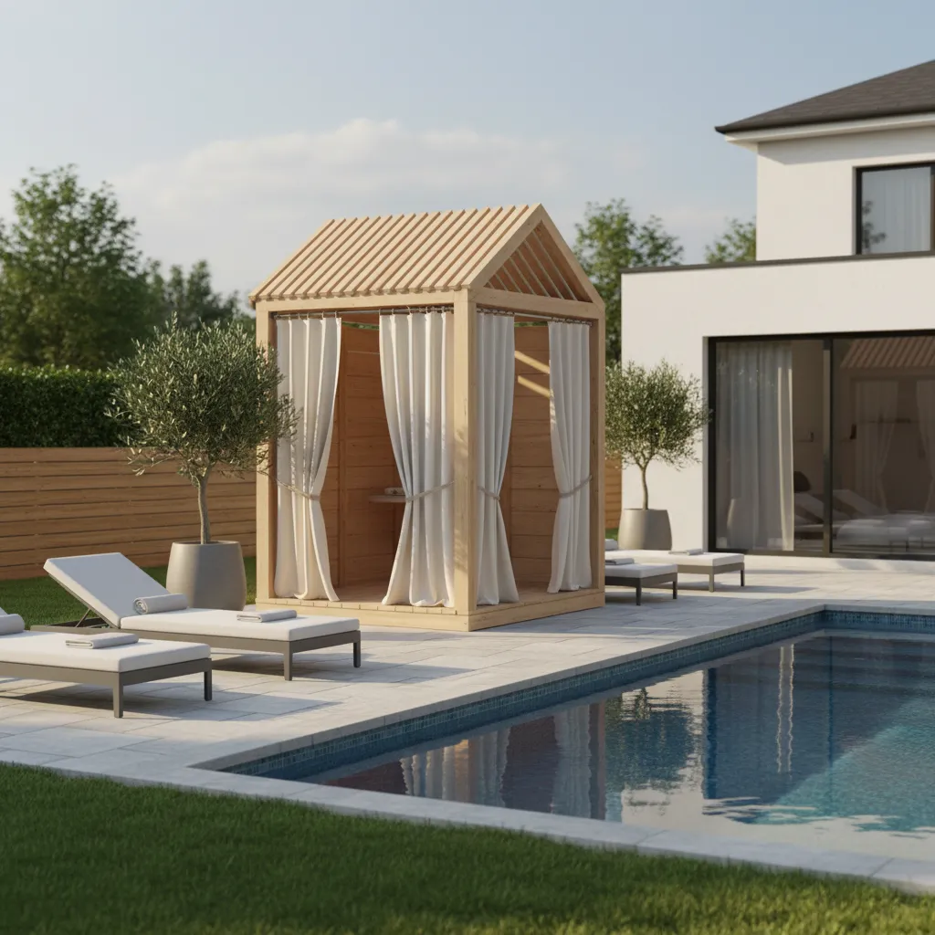 Backyard poolside DIY changing area with wooden frame and curtains