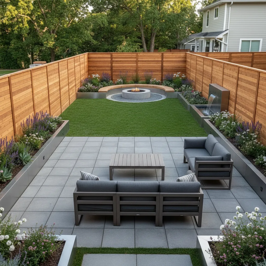 Modern backyard landscape with wooden fence, patio seating, and planted borders organizing outdoor space