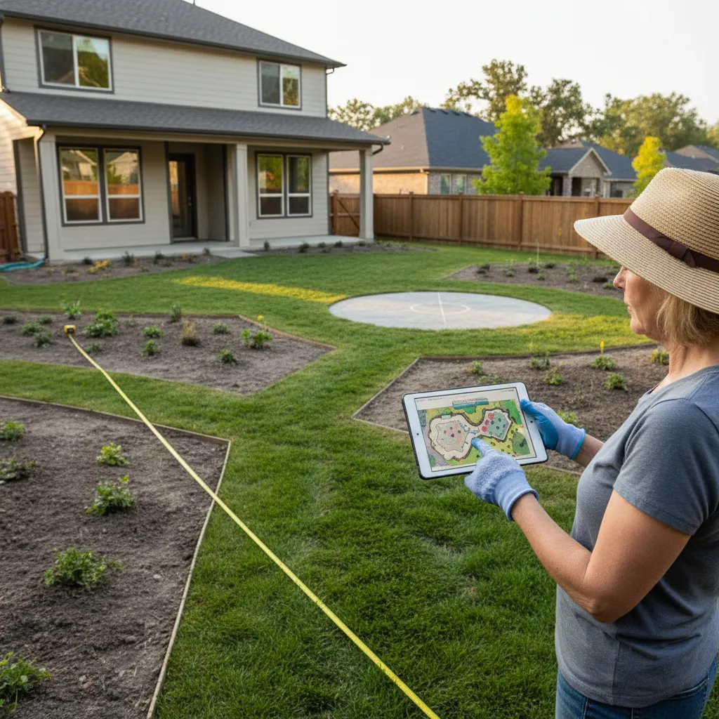 homeowner reviewing backyard garden layout before planting using a site plan