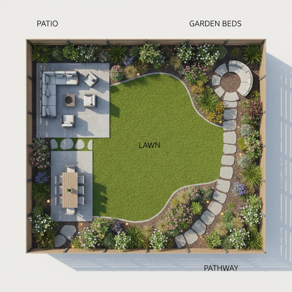 backyard landscape design plan showing zones and planting areas