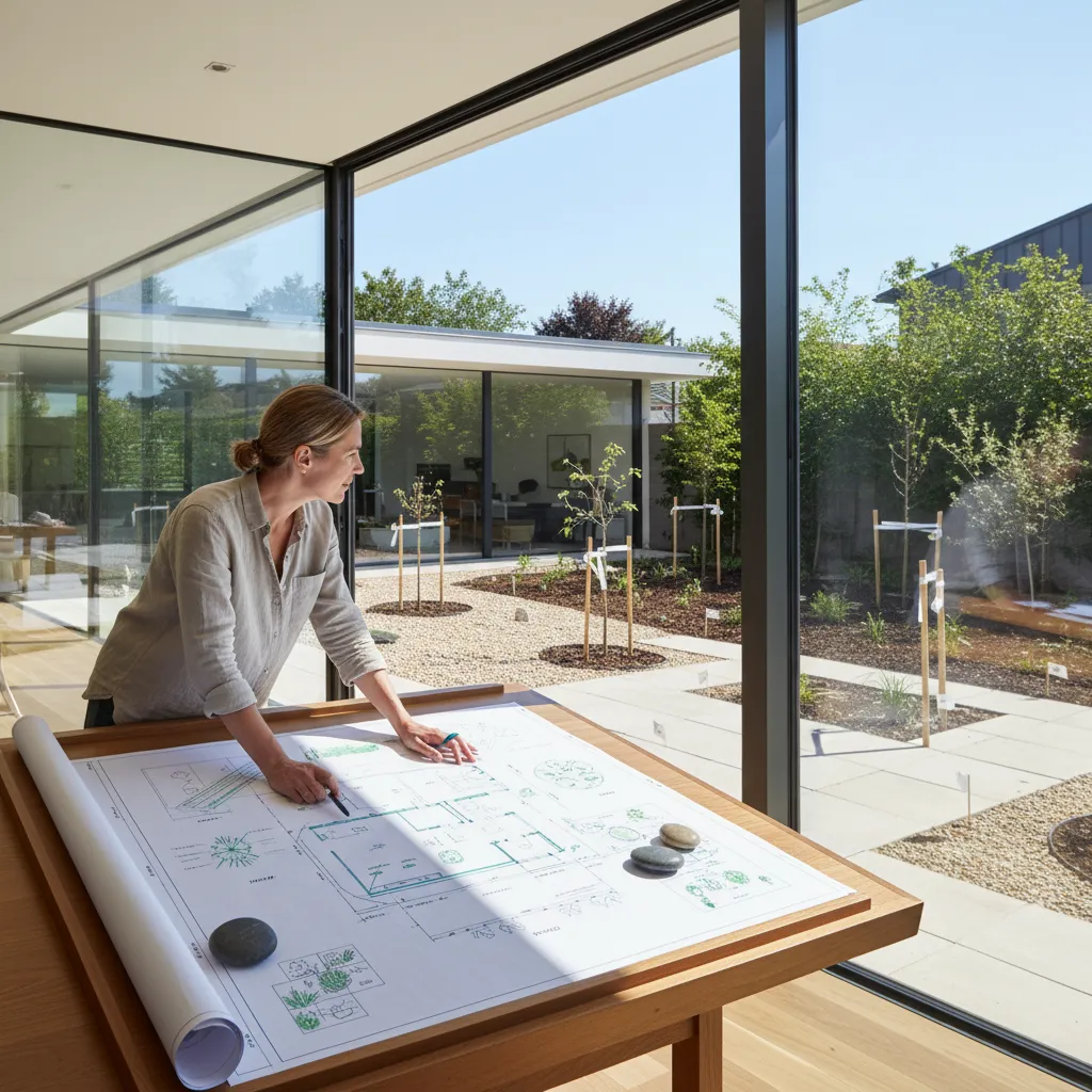 Homeowner reviewing backyard landscape layout plan before construction