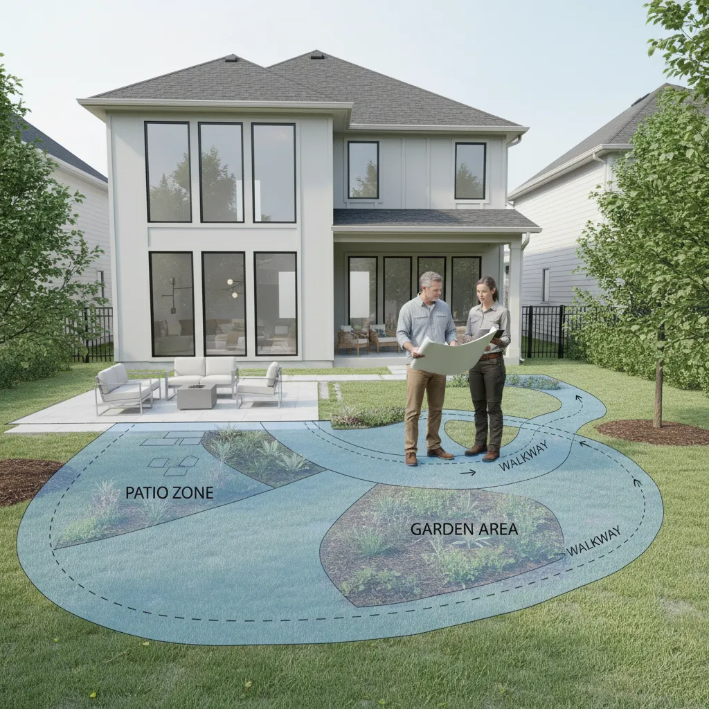 homeowner reviewing backyard landscaping layout with patio and garden zones