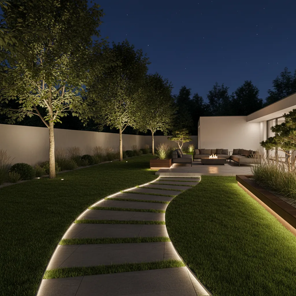 Modern backyard illuminated with low watt LED landscape lighting