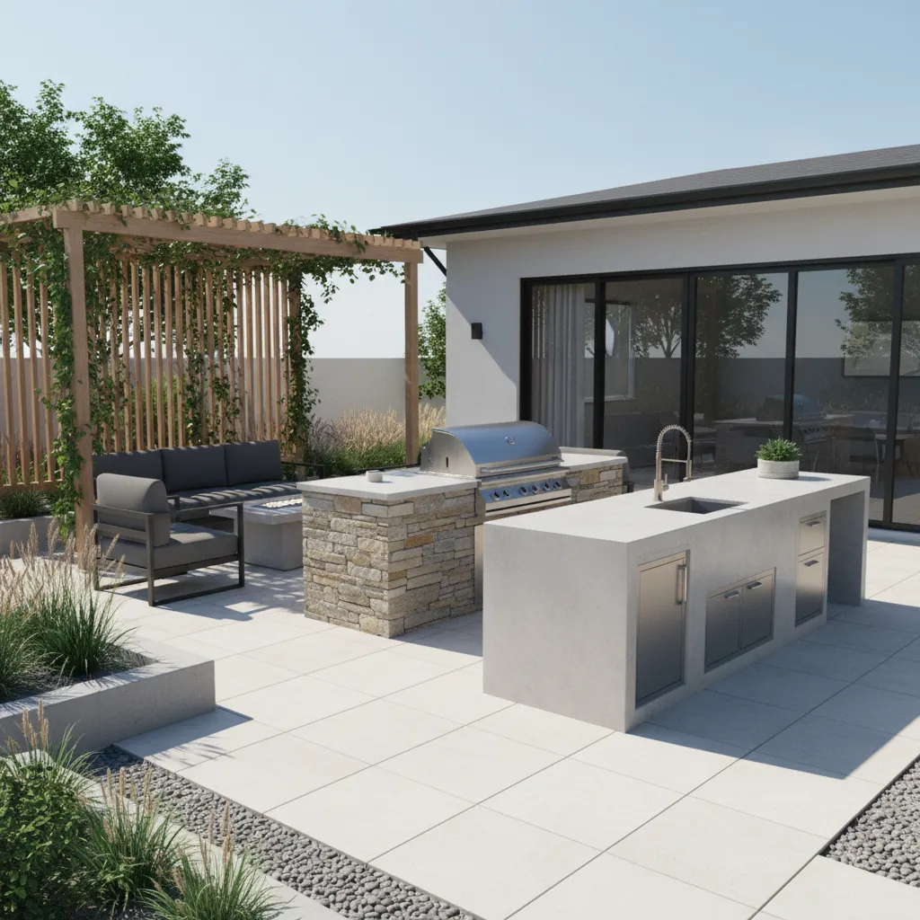 Backyard outdoor kitchen concept with grill island and prep counter