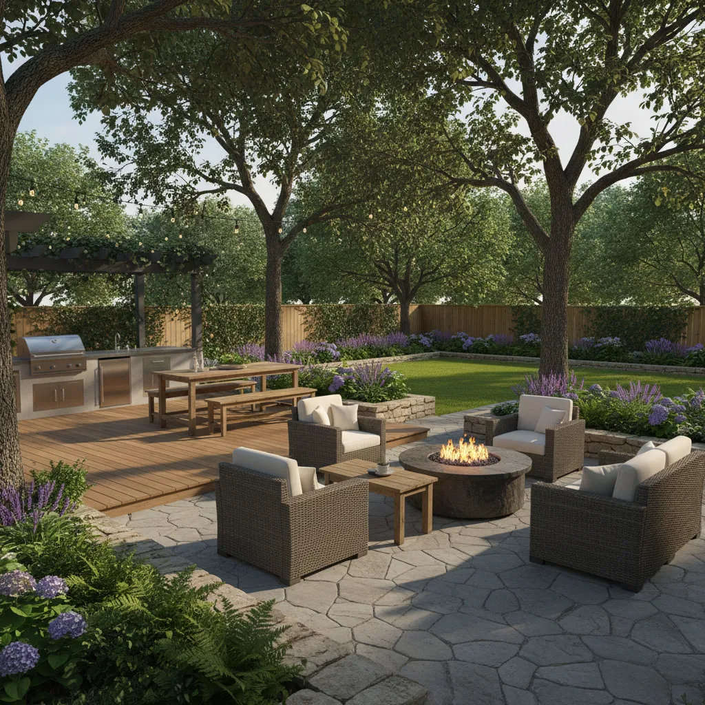 backyard patio with outdoor seating landscaping and shade trees