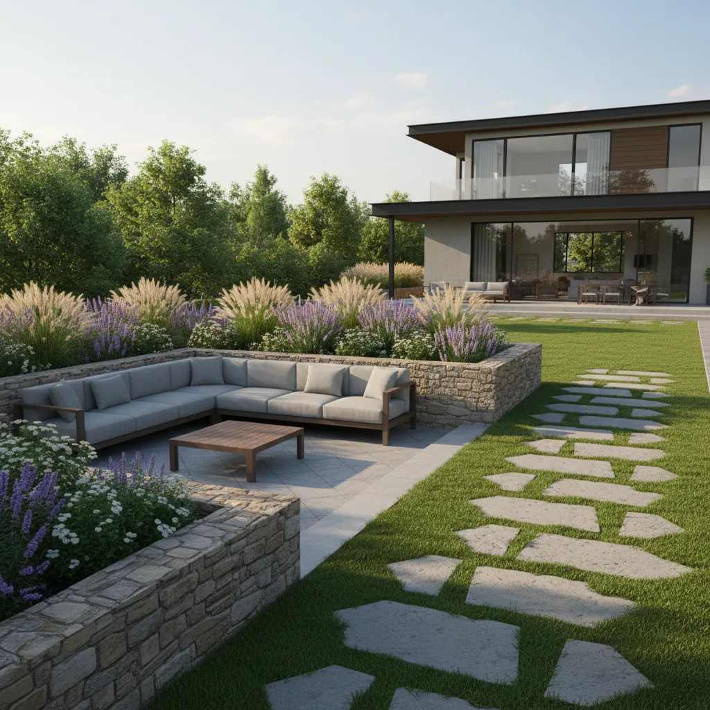 realistic backyard patio and garden design rendering created with landscape software