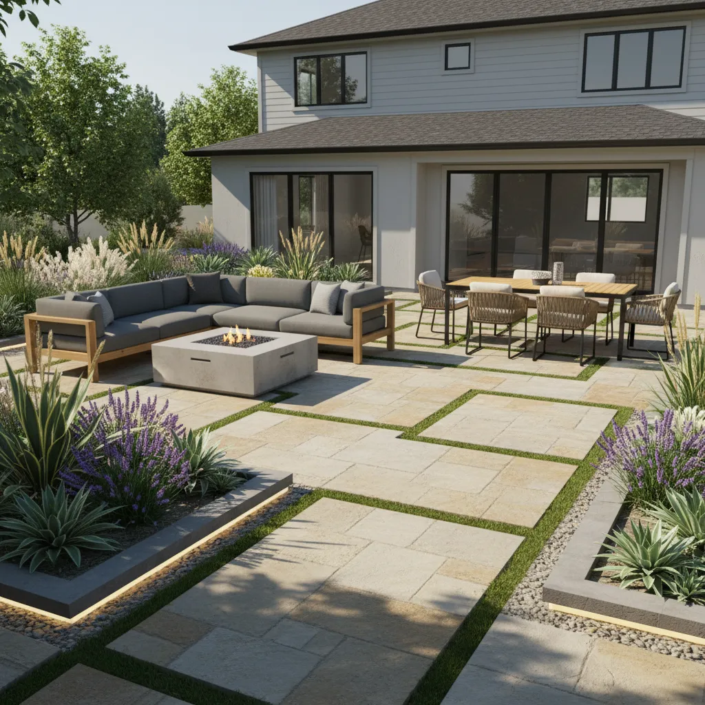 backyard patio planning layout with seating area and walking paths
