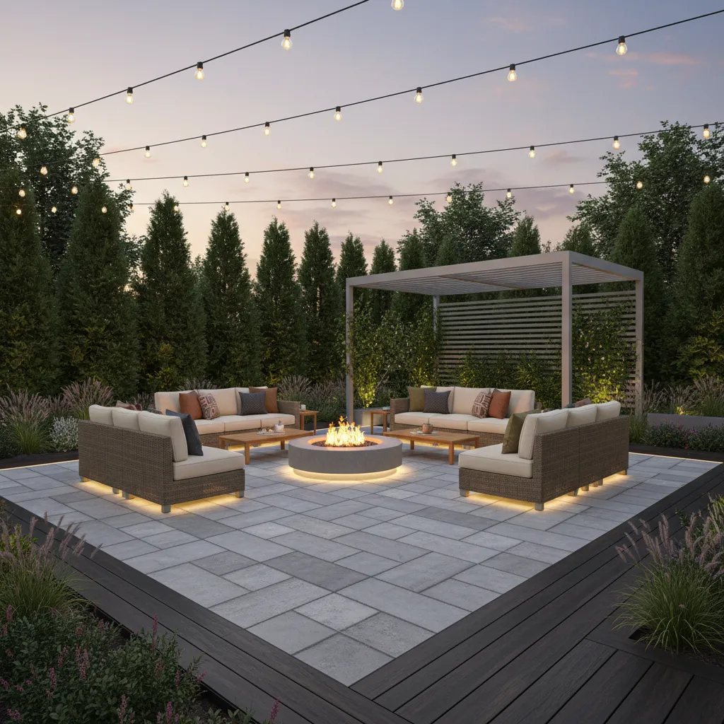 Backyard patio with seating fire pit and landscaping creating outdoor living area