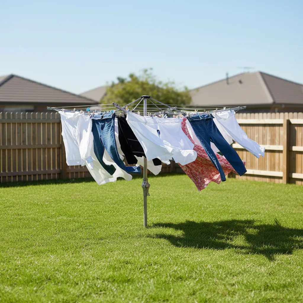 Rotary clothesline installed in a sunny backyard with clothes hanging