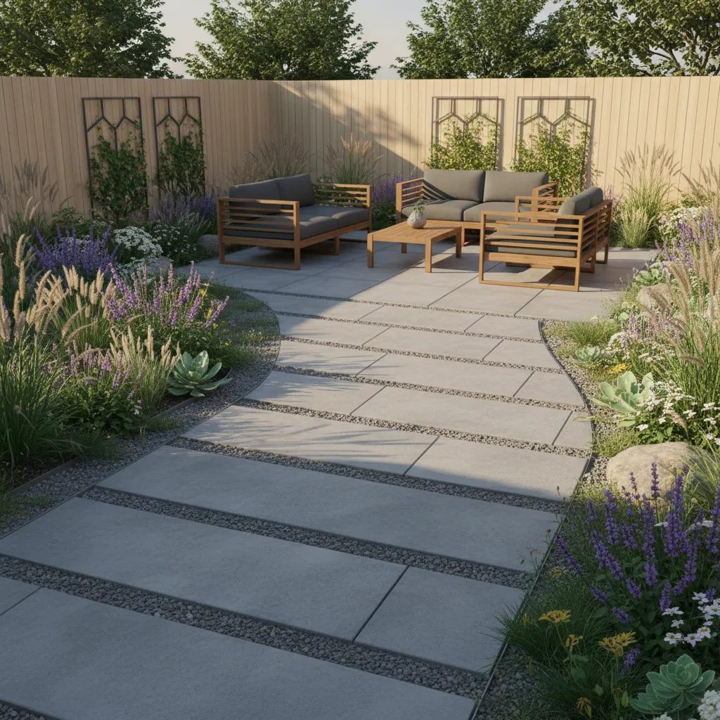 Backyard pathway and patio spacing demonstrating correct landscape layout proportions