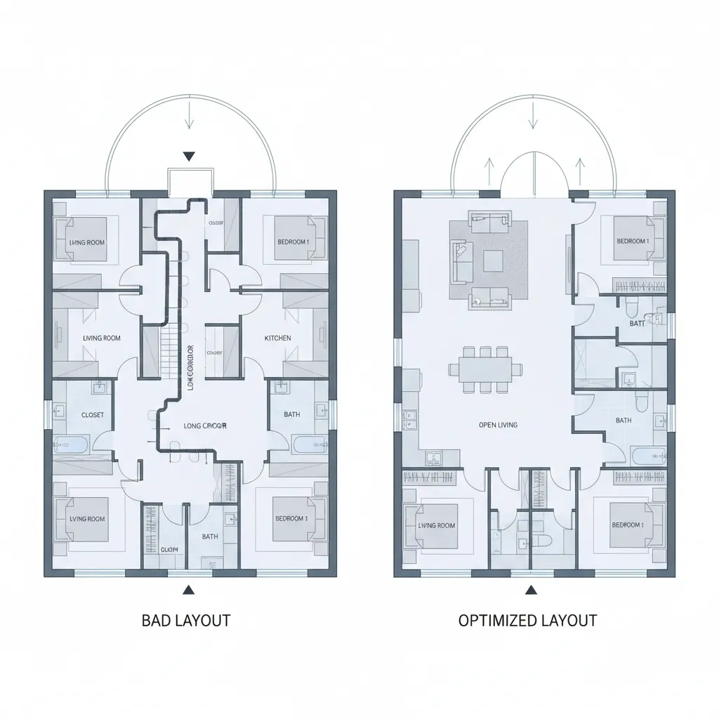 comparação entre planta de casa com corredor longo e layout otimizado