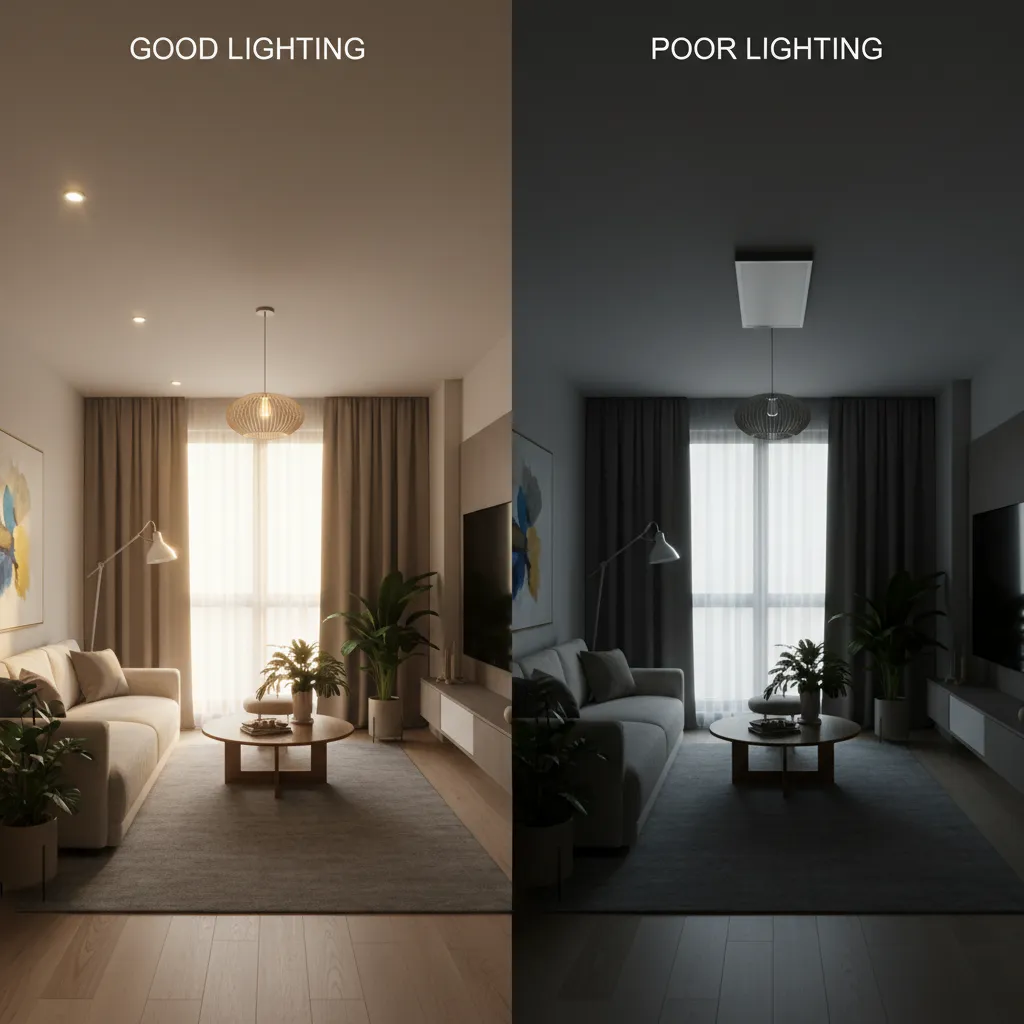 Comparison showing good versus poor lighting in living room with sofa ceiling light and rug