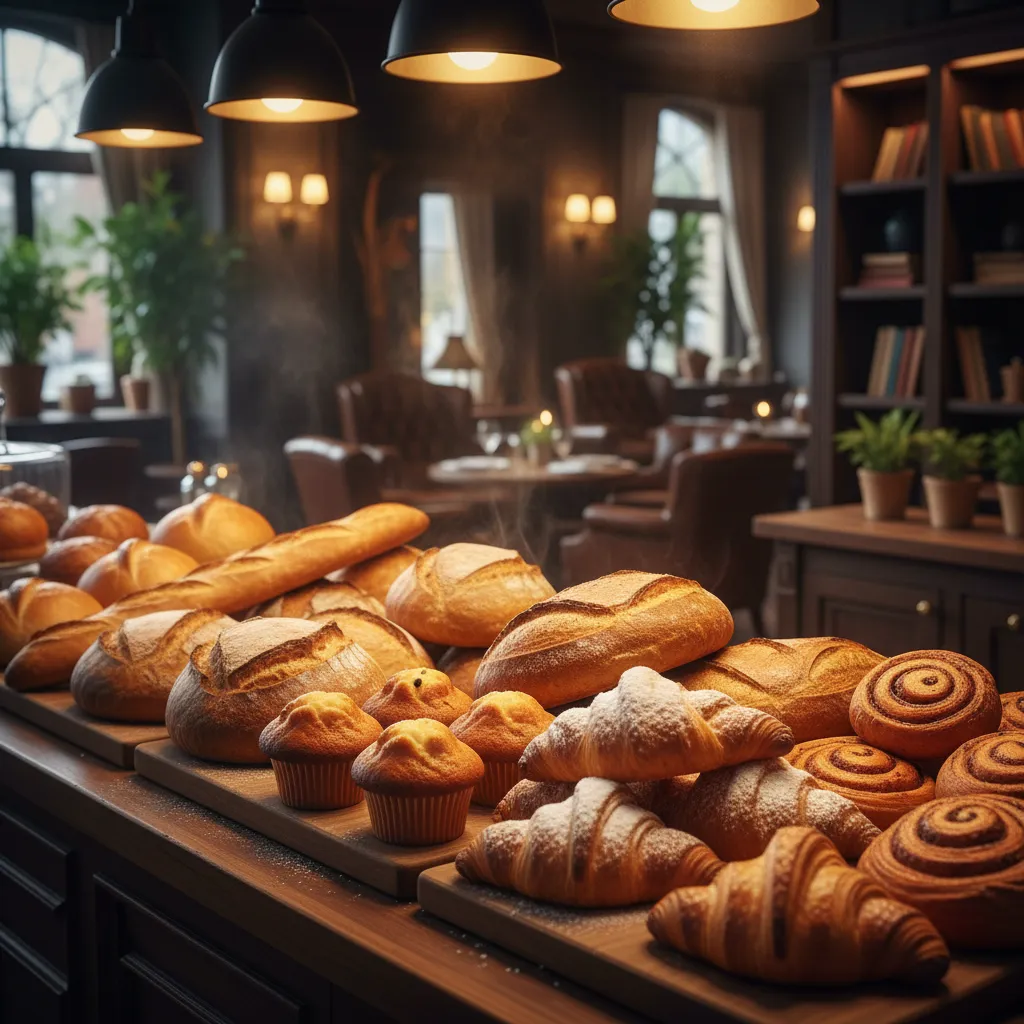 Iluminación cálida sobre vitrinas de panadería con pan fresco